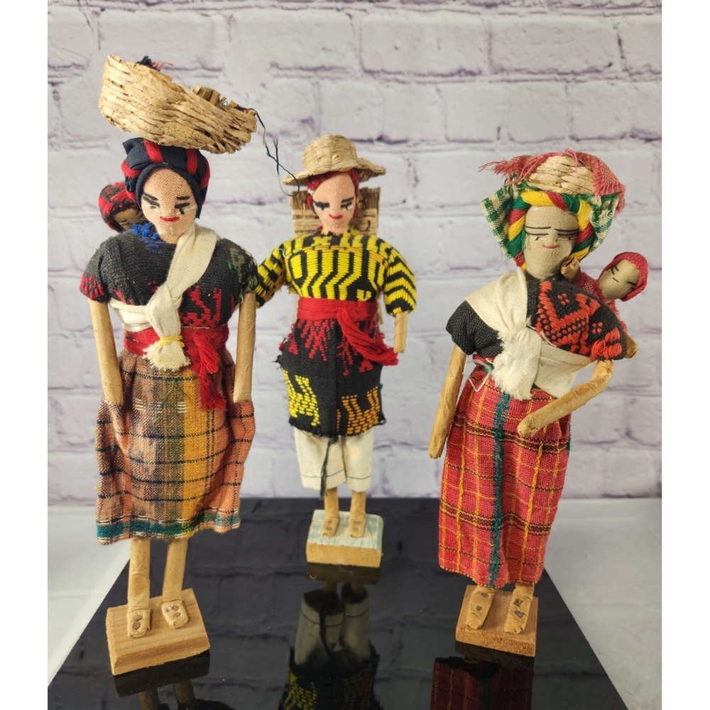 Vintage Set of 3 Hand Made Figurine Dolls South America Peru Equador Folk Art